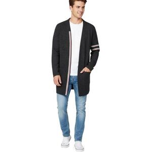 ZARA Man Dark Gray Striped Trim  Open Front Pockets Longline Cardigan Sz Medium